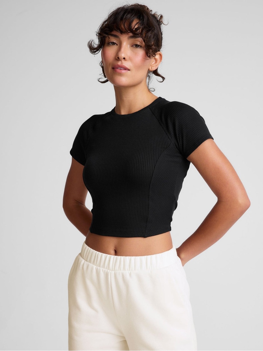 Beyond Yoga Black Ribbed Short-Sleeve Crop Top